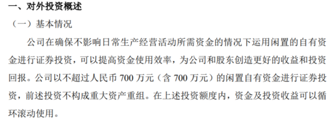 思為客利用閑置自有資金開展證券投資，額度不超700萬元